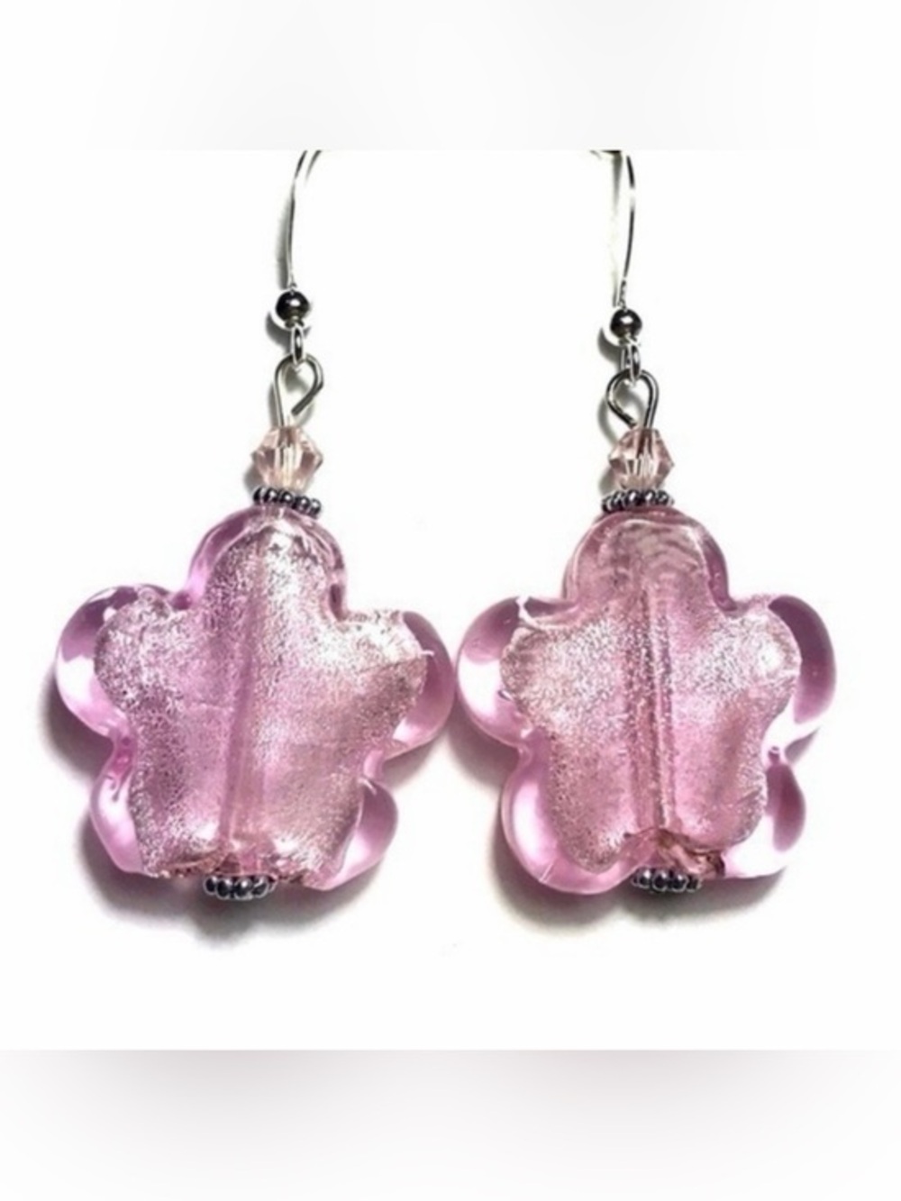 Pink Glass Flower Dangle Earrings